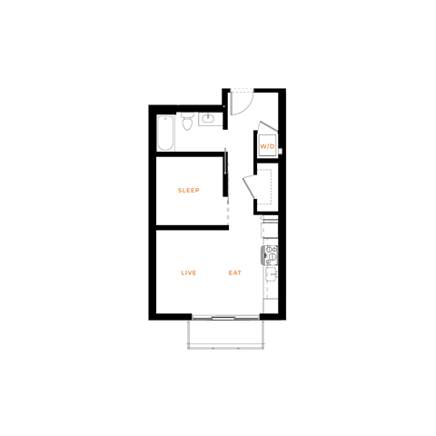 Floor plan for 1 bed, 1 bath, 493 sqft